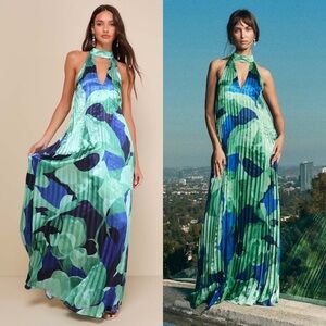 LULUS Pleated Satin Abstract Print Halter Neck Sleeveless Wedding Guest Dress XS
